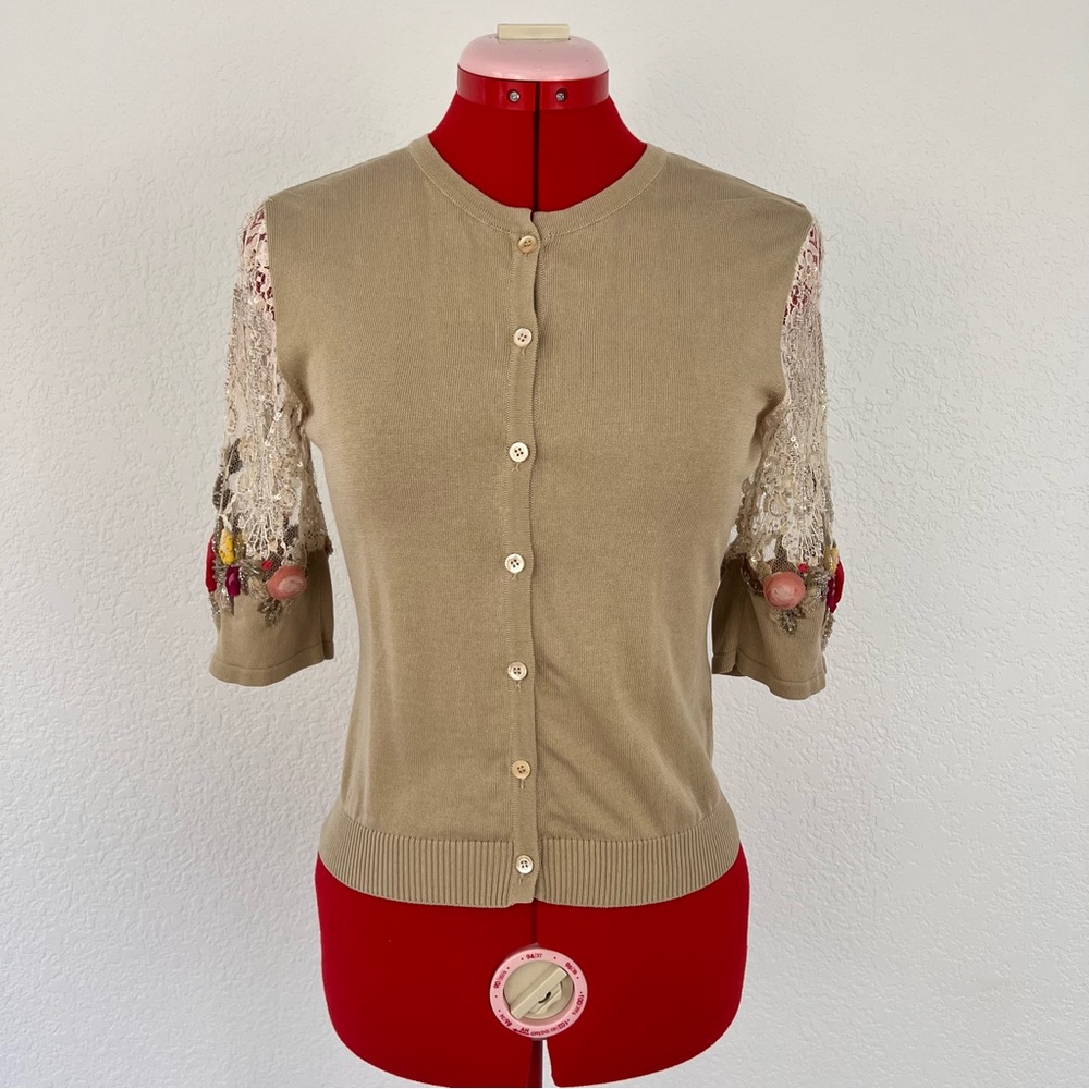 Vintage Valentino Tan Cardigan Short Sleeve Embroidered Size Small